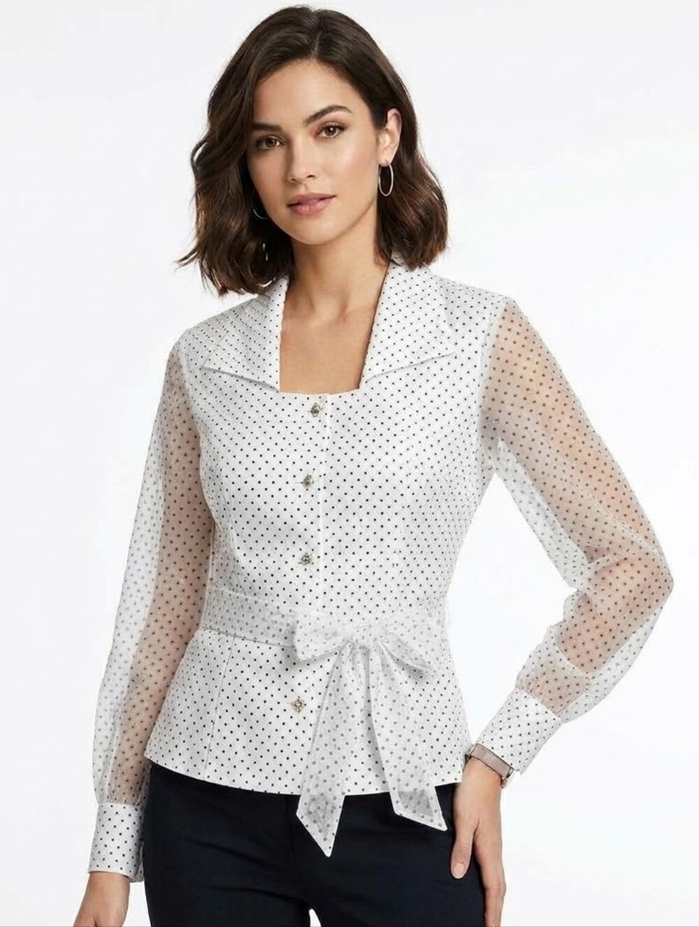 MSK White Sheer Polka Dot Button-Front Peplum Blouse Medium